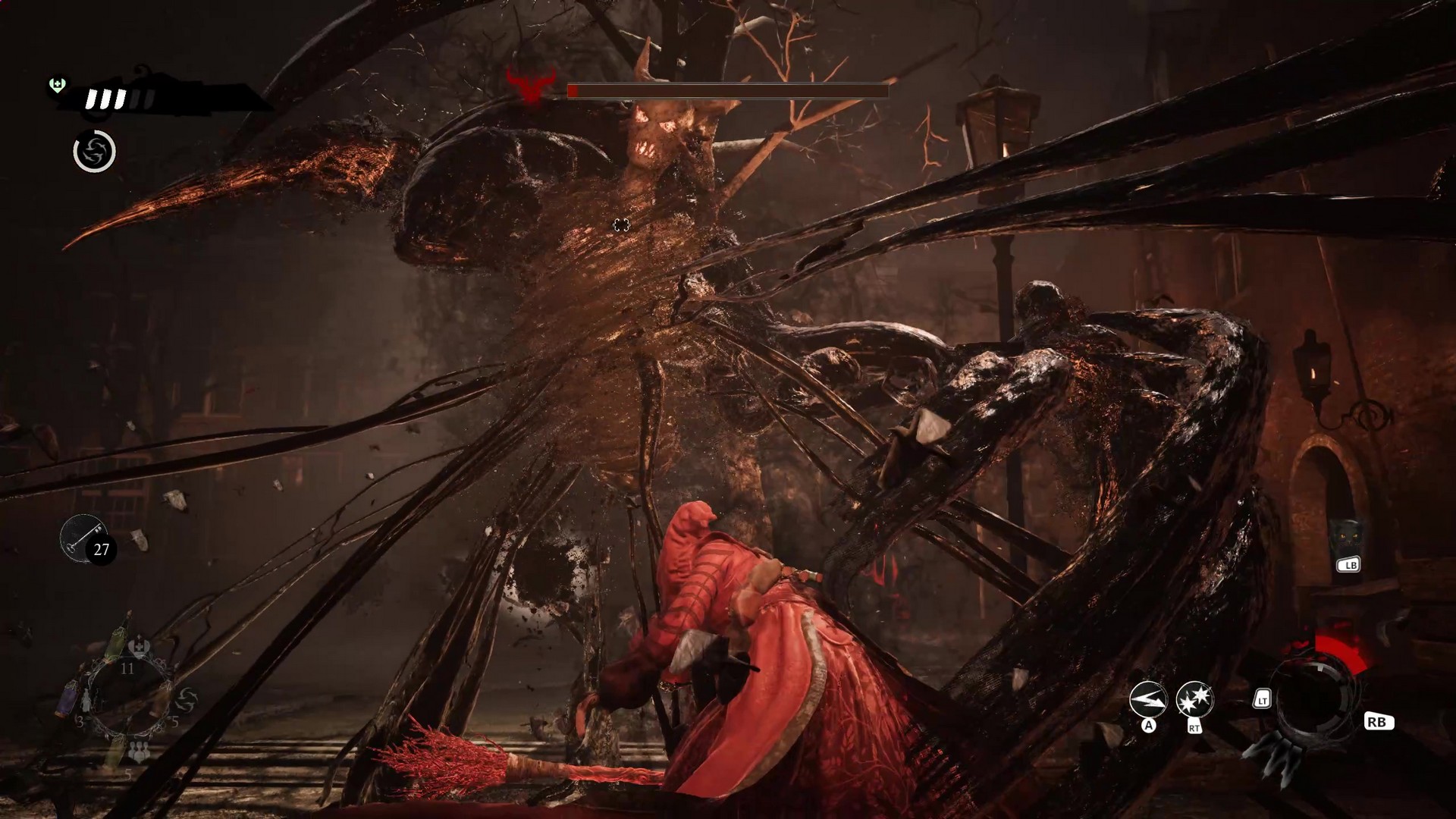 Cloaked in red, Noa dodges through a boss demon's attacks in 1666: Amsterdam