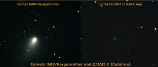 A side-by-side view of comets 168P/Hergenrother and C/2012 J1 (Catalina) as seen by robotic telescopes operated by the Slooh Space Camera.