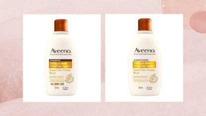 Collage of Aveeno Apple Cider Vinegar Shampoo and Conditioner with a pink watercolour background