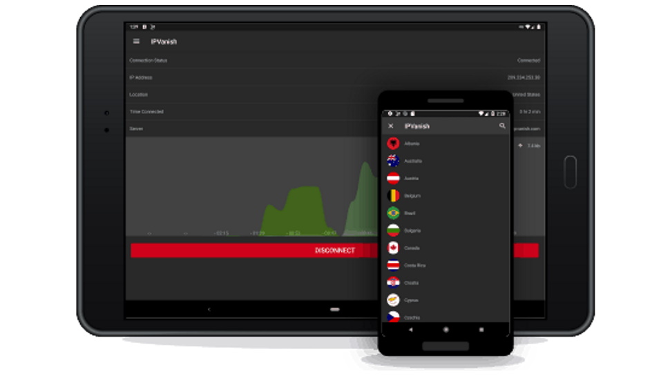 IPVanish-appen visas på en Android-mobil och surfplatta.