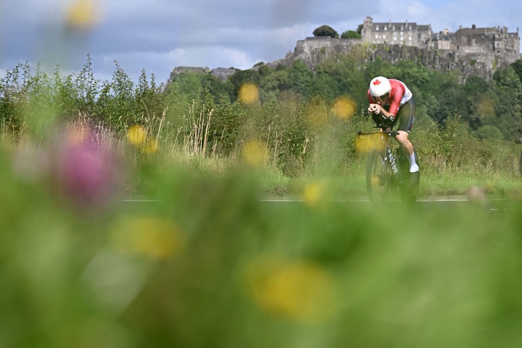 Canadas Derek Gee takes part in the mens Individual Time Trial in Stirling during the UCI Cycling World Championships in Scotland on August 11 2023 Photo by Oli SCARFF AFP Photo by OLI SCARFFAFP via Getty Images