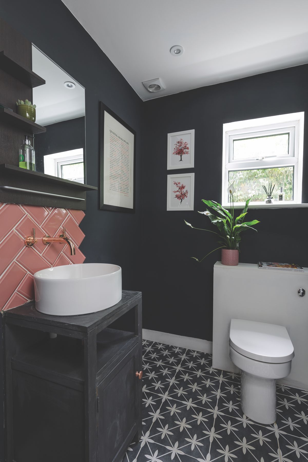 The downstairs bathroom features a bold, dark colour on the walls to contrast with the pared-back nature of the ground floor interiors.