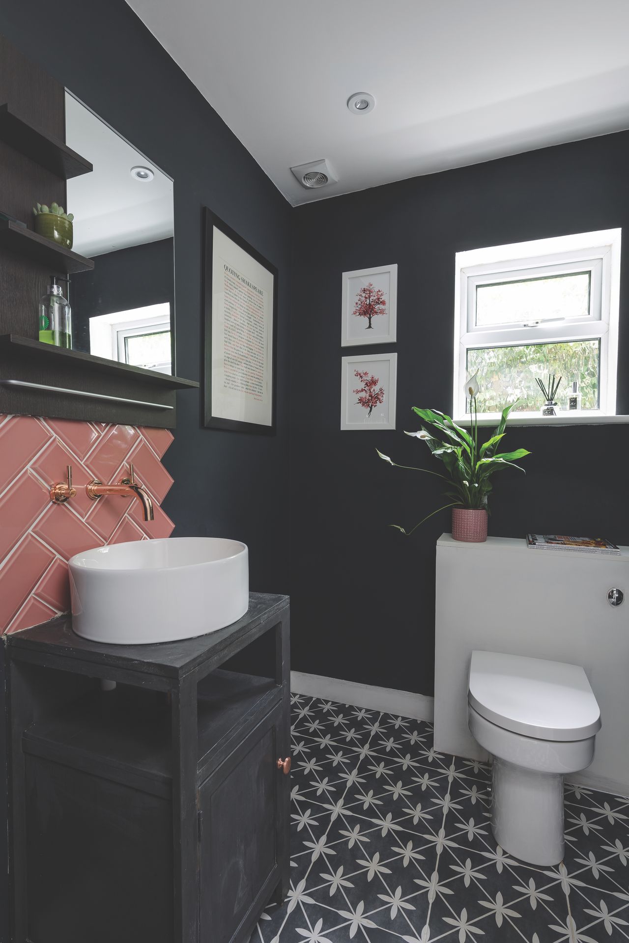 The downstairs bathroom features a bold, dark colour on the walls to contrast with the pared-back nature of the ground floor interiors.