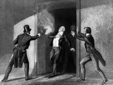 English prime minister Spencer Perceval being assassinated by bankrupt businessman John Bellingham in the House of Commons