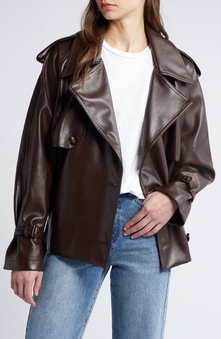 Tie Waist Faux Leather Trench Coat