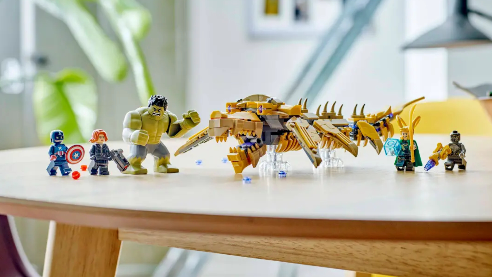 Lego Avengers vs. The Leviathan minifigures laid out on a table