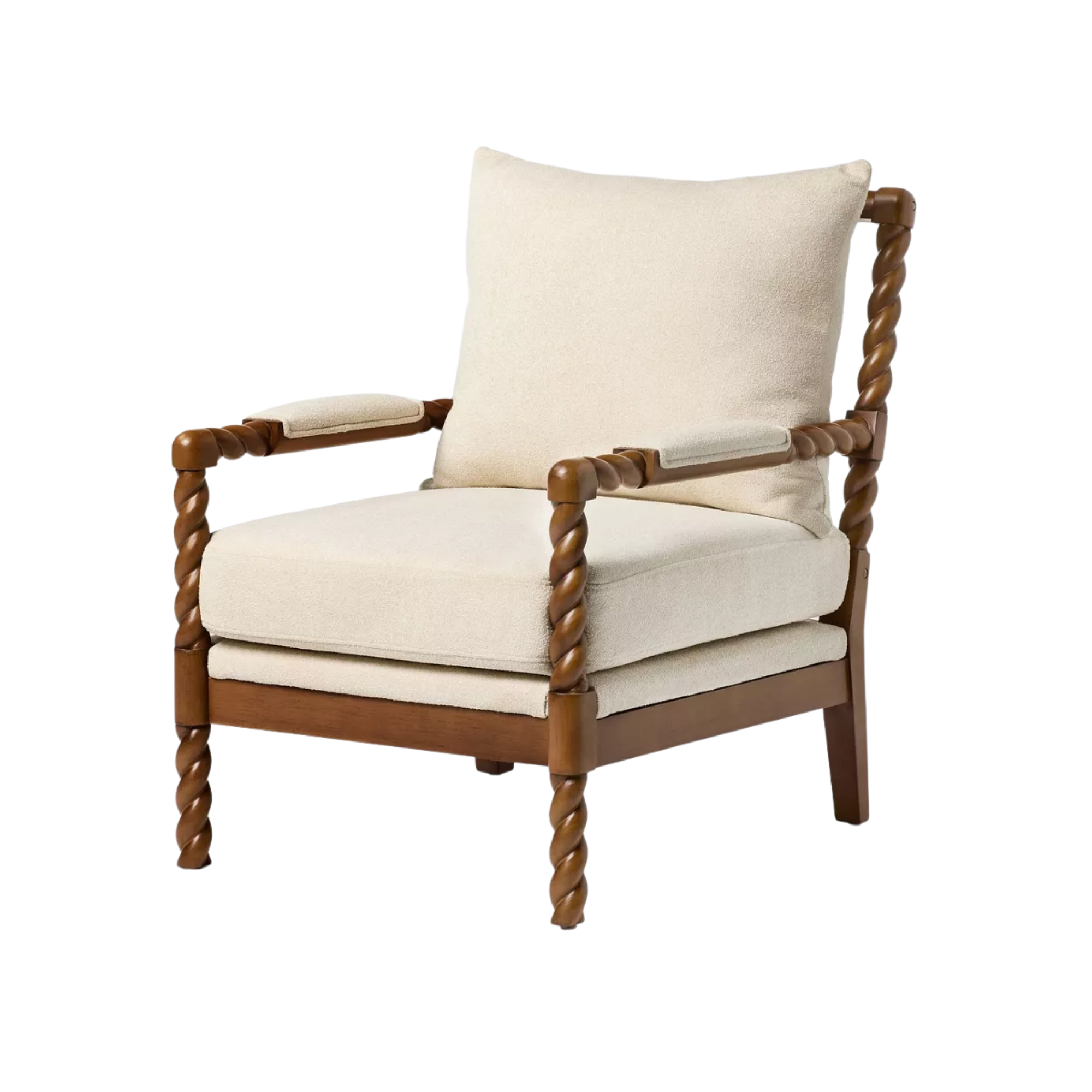 an accent chair with a twisted wood frame and white cushions