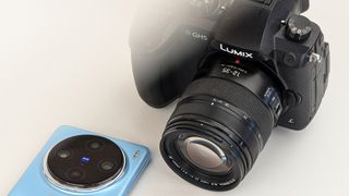 A blue Vivo X100 Pro next to a Panasonic Lumix GH5