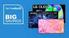 Collage of Samsung LG and Sony TVs on a yellow background