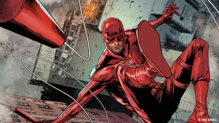 Marvel Comics artwork of Daredevil using his grappling hook billy club