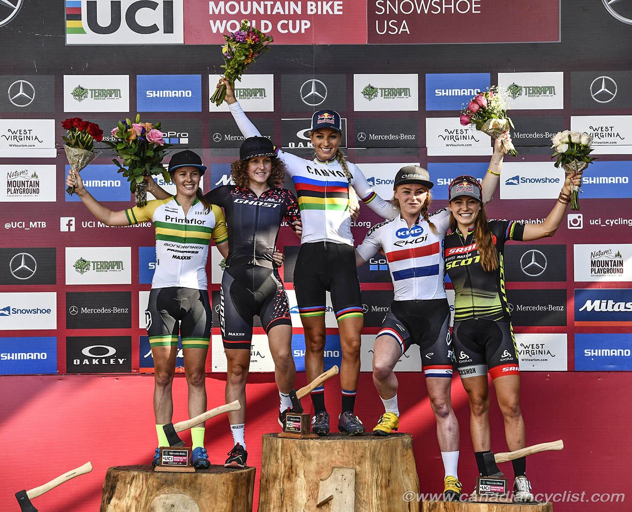 Podium: l to r - Rebecca McConnell, Anne Terpstra, Pauline Ferrand Prevot, Annie Last, Kate Courtney