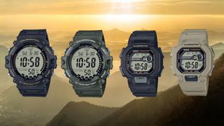 Four Casio watches against mountain background