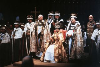 Queen Elizabeth II after her coronation ceremony in Westminster Abbey, London