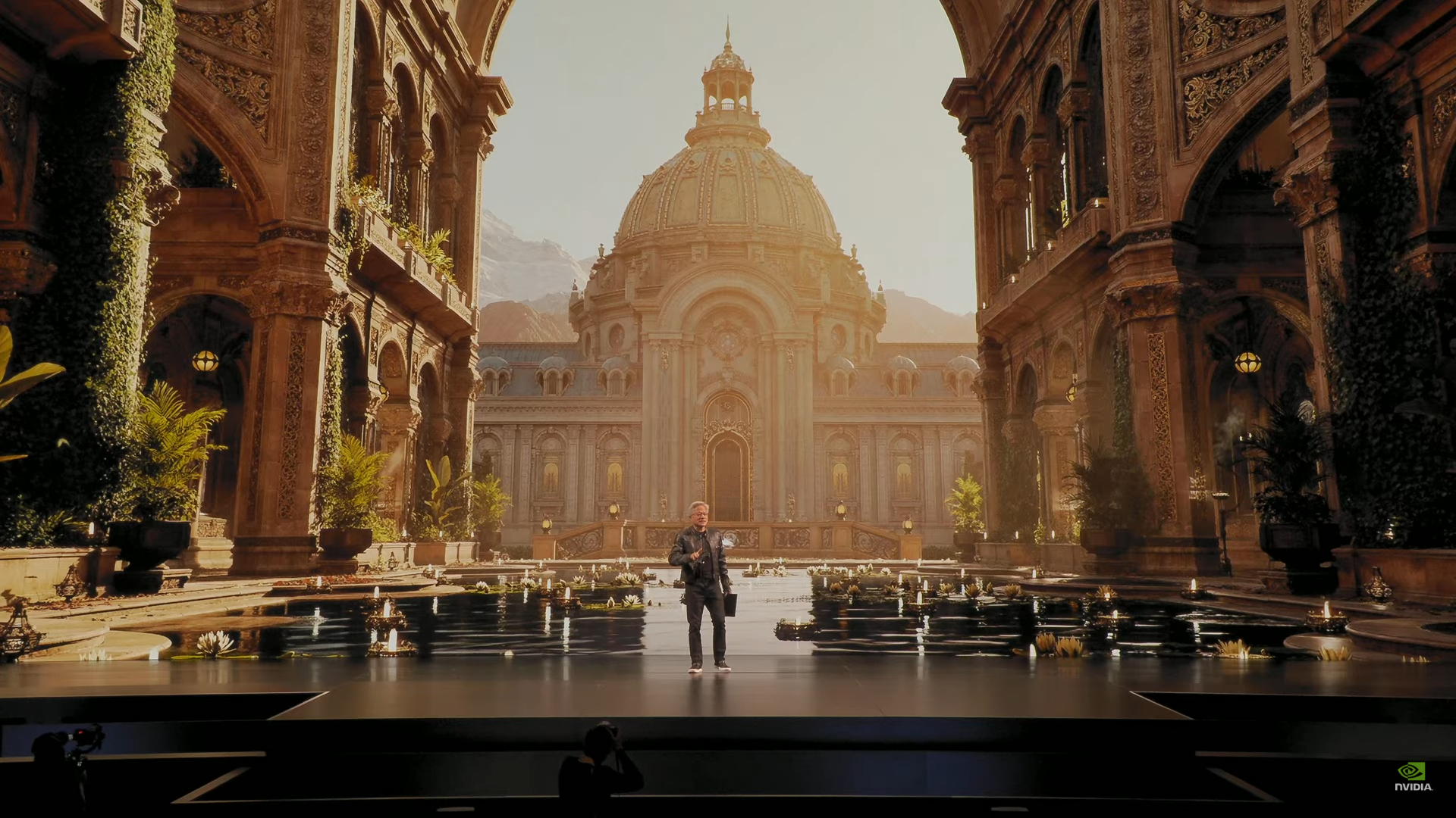 Nvidia CEO Jensen Huang with RTX 5060 and digital scenes