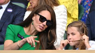 Catherine, Princess of Wales and Princess Charlotte of Wales watching Carlos Alcaraz vs Novak Djokovic in the Wimbledon 2023 men's final on Centre Court during day fourteen of the Wimbledon Tennis Championships at the All England Lawn Tennis and Croquet Club on July 16, 2023 in London, England
