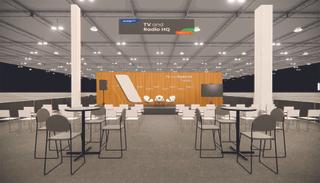 A mockup of NAB Show&rsquo;s new TV and Radio HQ shows the TV and Radio HQ Theater stage.