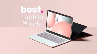 Two of the best laptops for kids on a pink surface against a pink background next to the words 'best laptop for kids'