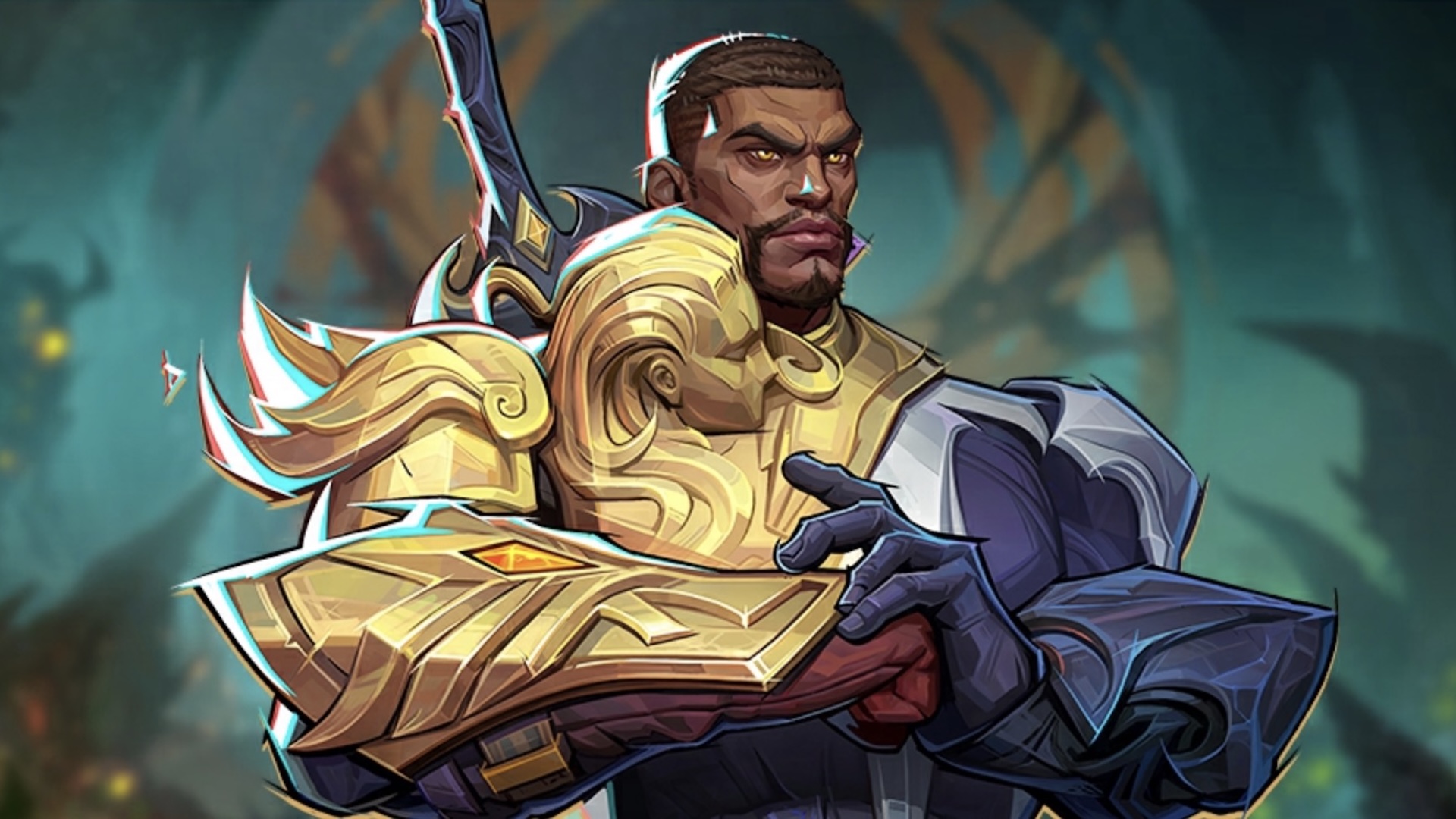 Blade wears gold and grey armor