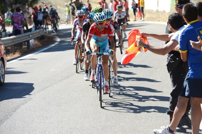 Vuelta leader Vincenzo Nibali (Astana) climbs to the finish of stage 8 on the Pe&ntilde;as Blancas climb