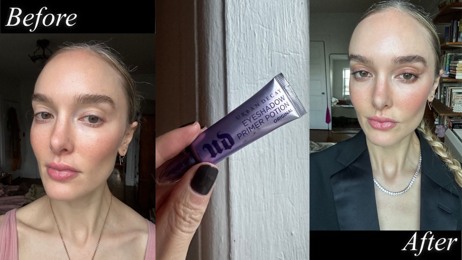 A woman with hair pulled back and pink lips, the purple Urban Decay Eyeshadow Primer Potion, and the same woman in a black blazer, eyeshadow and a diamond necklace