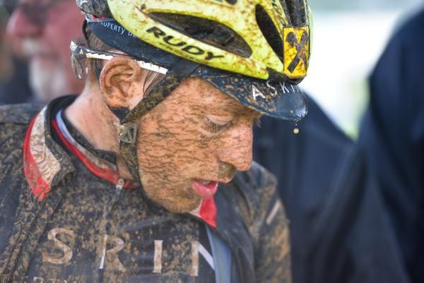 Hermain Persteiner, stage runner up with James Reid, shows the effects of the rainy conditions on Stage 4 of the Cape Pioneer Trek.