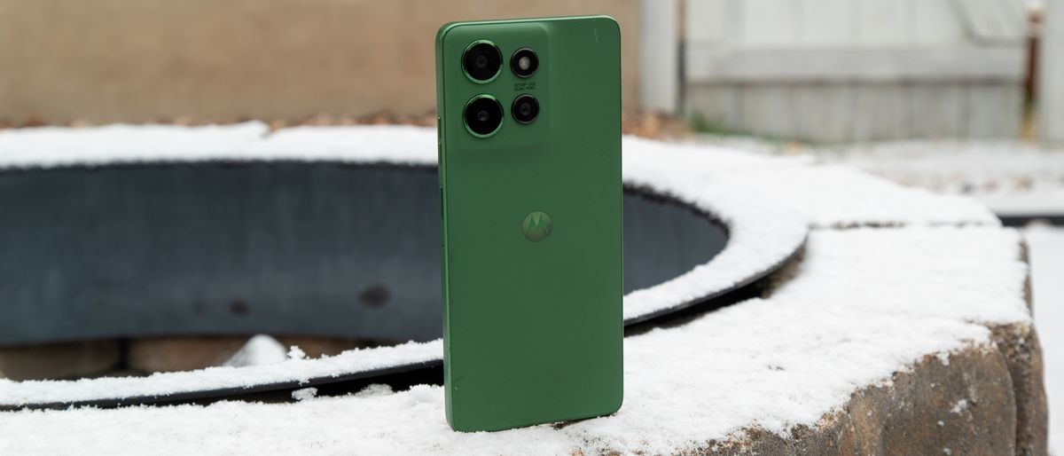 The Moto G Power 2025 on a snowy surface