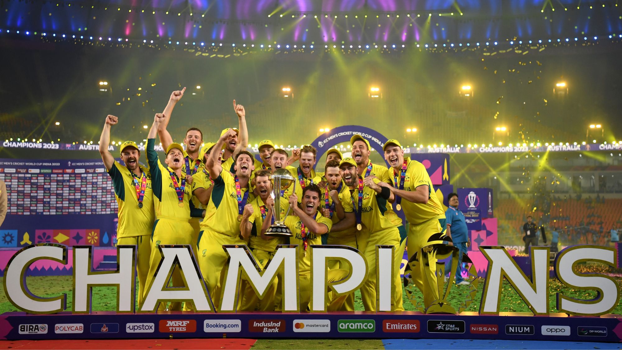Australia captain Pat Cummins lifts the Cricket World Cup