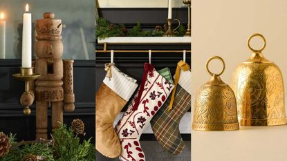 A three panel image of the Magnolia Holiday collection - a wooden nutcracker candle holder; an Amaryllis Embroidered Stocking, and two brass etched bells