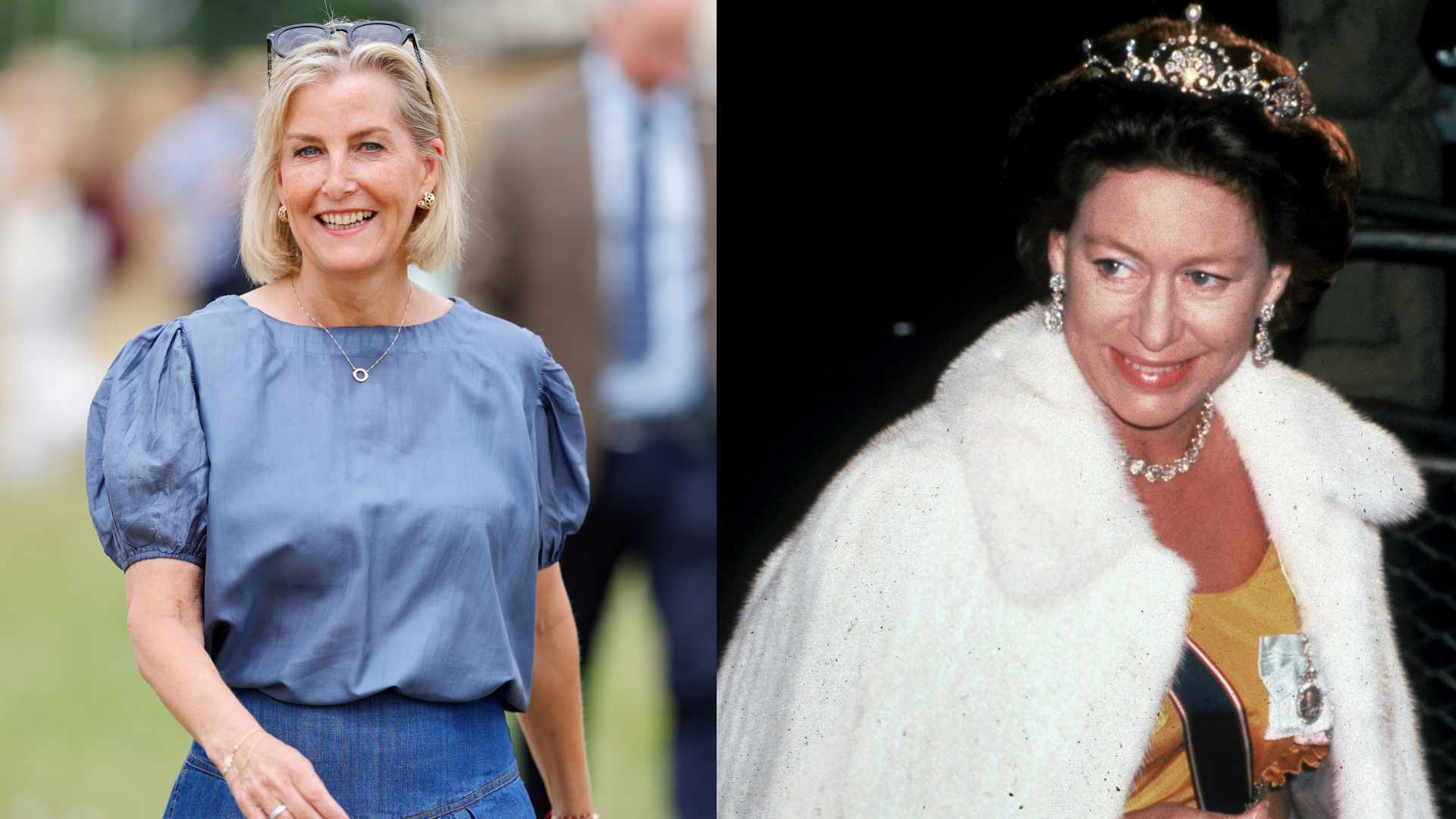 A split image of Duchess Sophie in a blue outfit and Princess Margaret in a tiara