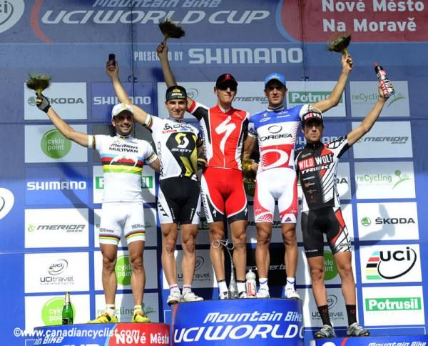 Elite men's cross country World Cup podium in Czech: Podium: Jos&eacute; Hermida, Nino Schurter, Jaroslav Kulhavy, Julien Absalon, Sergio Mantecon