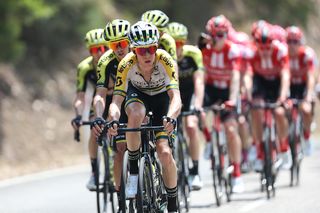 Australian road race champion Cameron Meyer (Mitchelton-Scott) leads the peloton on stage 2