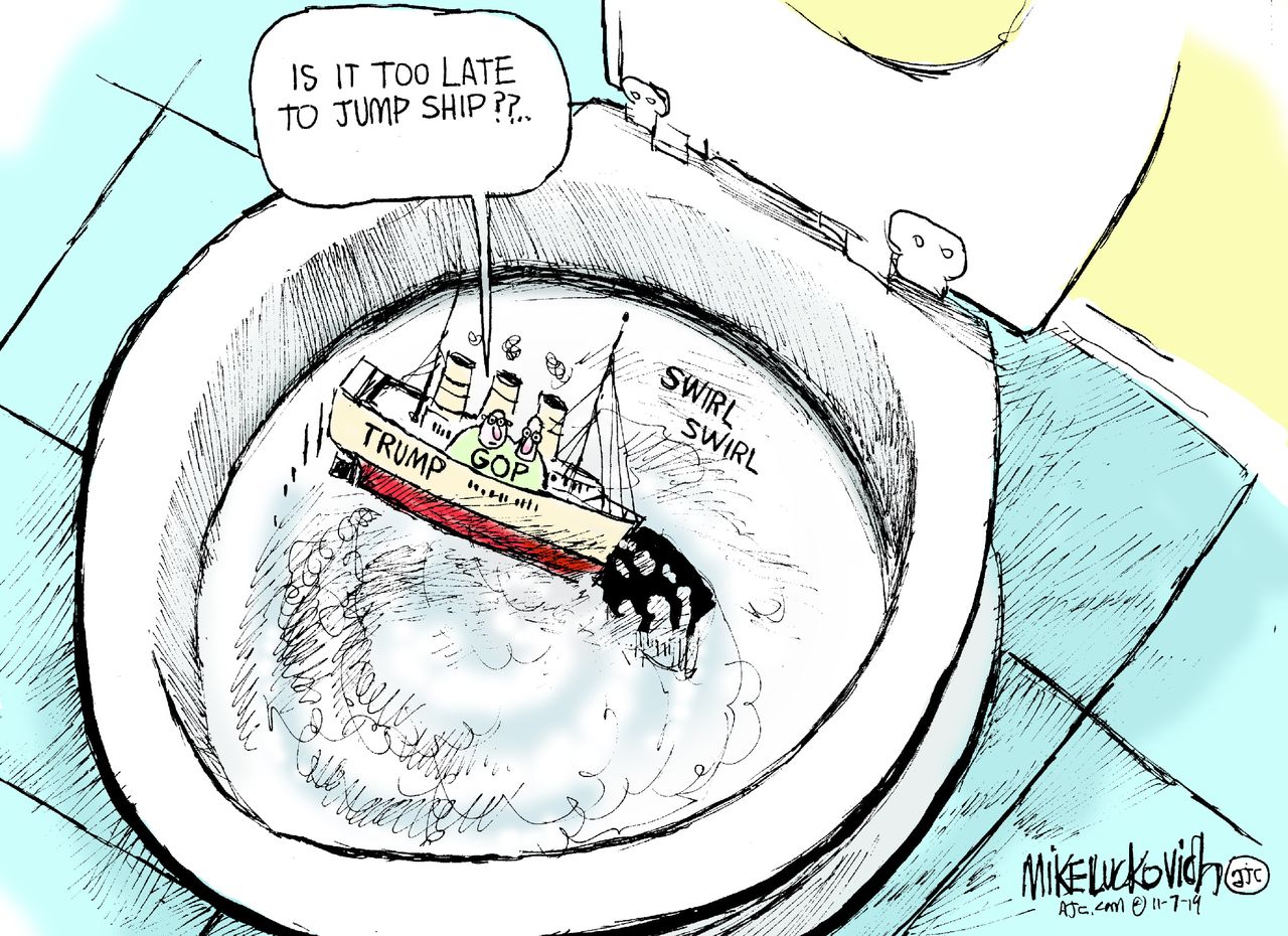 Political Cartoon U.S. GOP Down The Toilet Jump Ship Trump