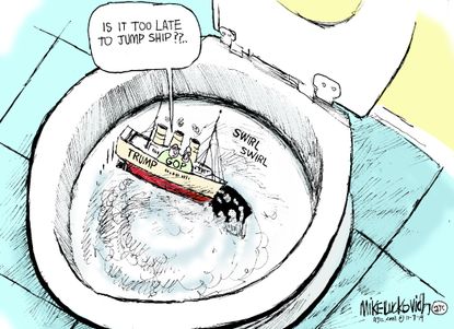 Political Cartoon U.S. GOP Down The Toilet Jump Ship Trump