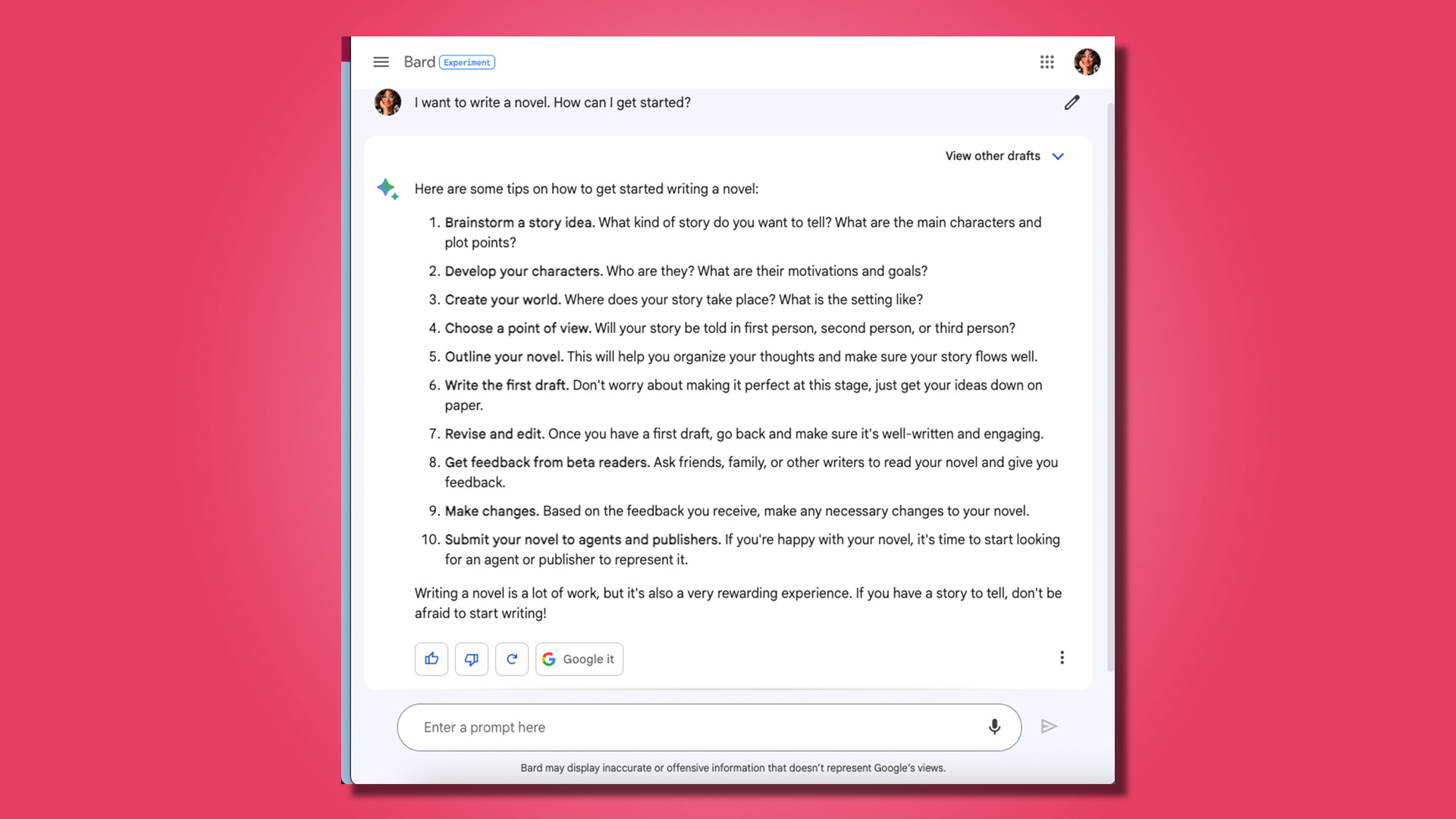 Captura de tela mostrando uma conversa com o Google Bard sobre como escrever um romance