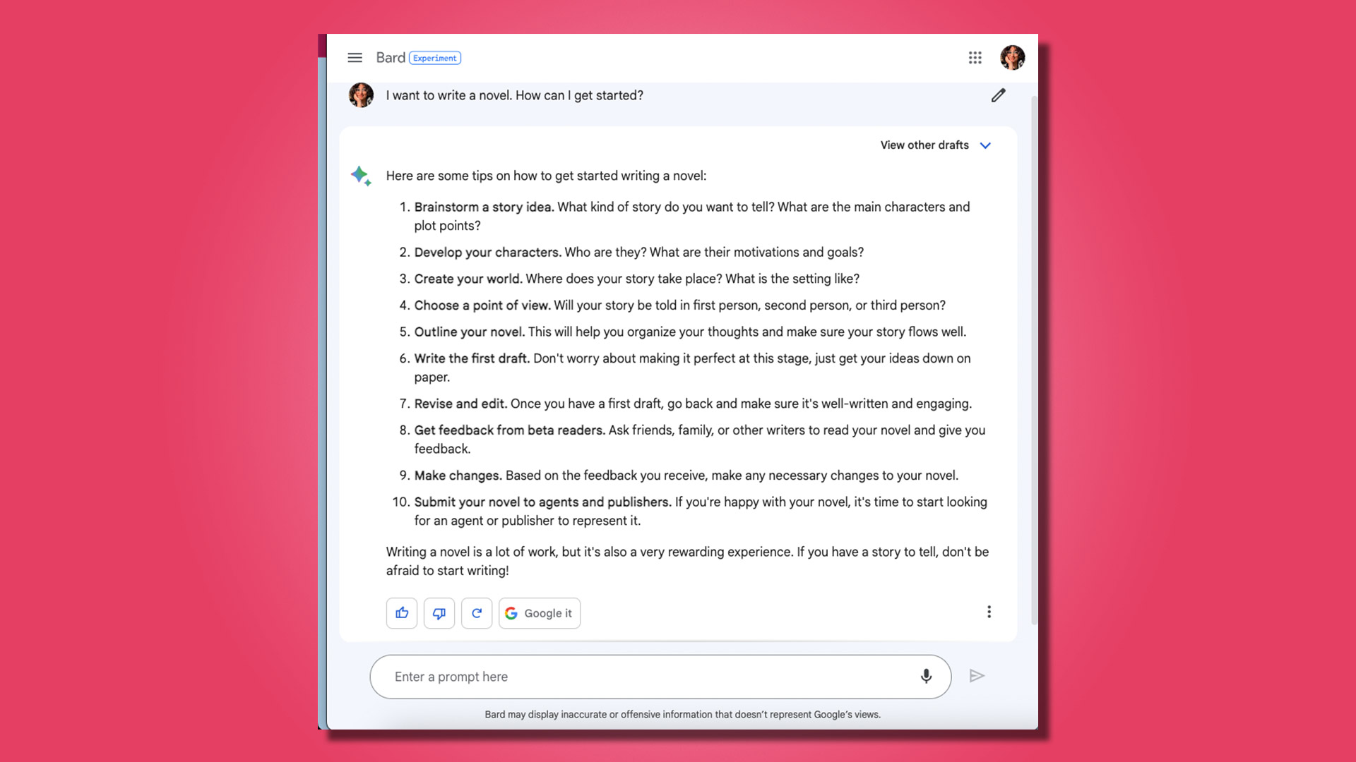 Screenshot showing a conversation with Google Bard about writing a novel