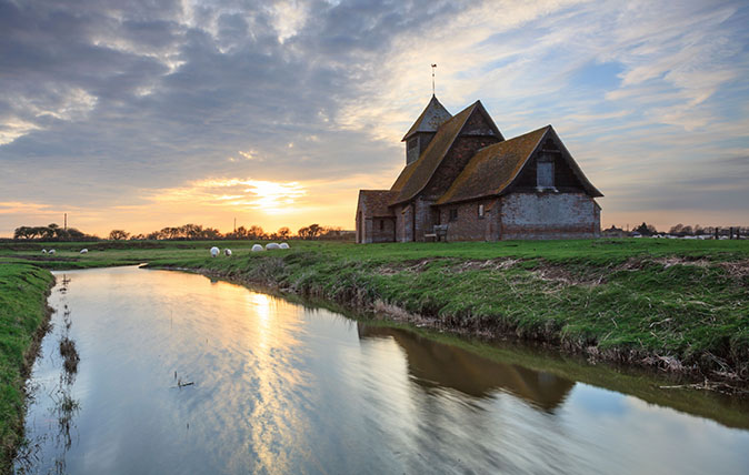 CP111K Fairfield Church on Romney Marsh in Kent captured shortly before sunset