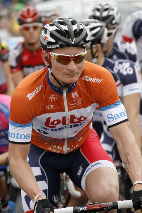 Andre Greipel (Lotto-Belisol) in the ochre jersey of race leader.