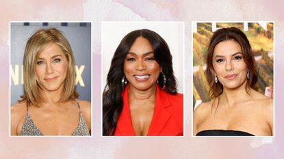 Collage of three images showing Jennifer Aniston, Angela Bassett and Eva Longoria in white frames against a pink watercolour-style background