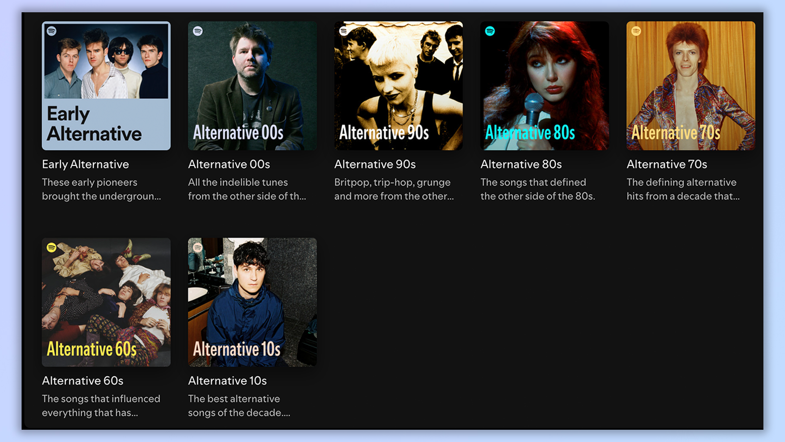 a screenshot from the spotify app showing the premade genre playlists by year