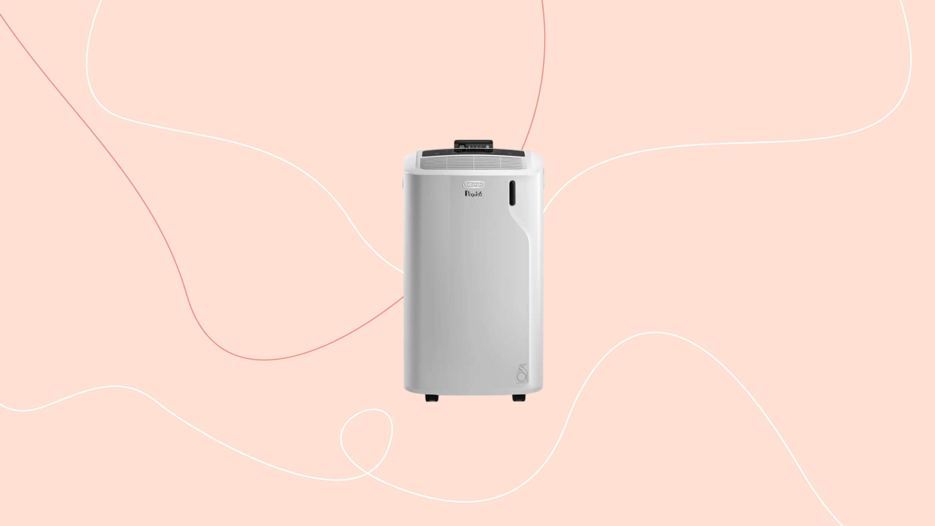 delonghi piguino care4me portable air conditioner on pink graphic background