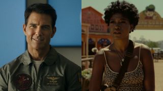 Tom Cruise in the briefing room in Top Gun: Maverick and Keke Palmer standing on a western street in Nope, pictured side by side.