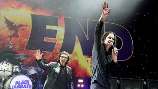Tony Iommi (L) and Ozzy Osbourne of Black Sabbath perform onstage on "The End Tour" at Nikon at Jones Beach Theater on August 17, 2016 in Wantagh, New York. 