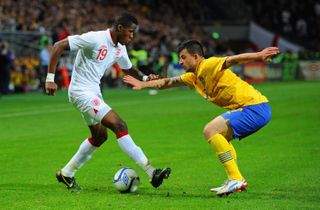 Wilfried Zaha on the ball for England in a friendly against Sweden in 2012.