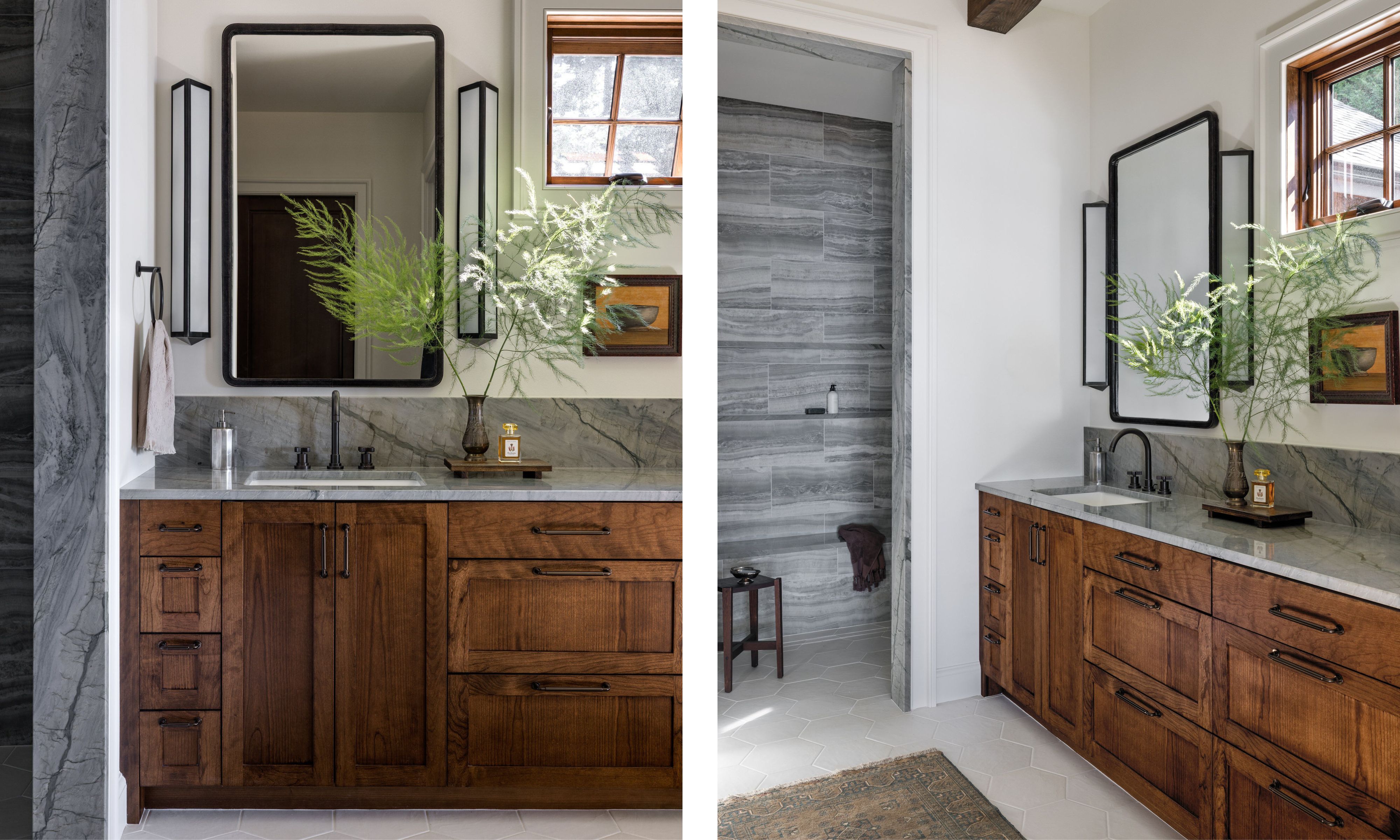 Two images of a bathroom with a dark wood vanity, gray Quartzite countertops, white walls, and gray tiles in the shower area. A black-framed mirror above the sink with two long wall sconces.