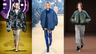 A composite of models on the runway wearing coat trends 2022 bomber jackets