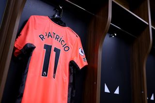 The shirt of Rui Patricio of Wolverhampton Wanderers is seen inside of the changing rooms ahead of the Premier League match between Wolverhampton Wanderers and West Ham United at Molineux on April 05, 2021 in Wolverhampton, England. Sporting stadiums around the UK remain under strict restrictions due to the Coronavirus Pandemic as Government social distancing laws prohibit fans inside venues resulting in games being played behind closed doors