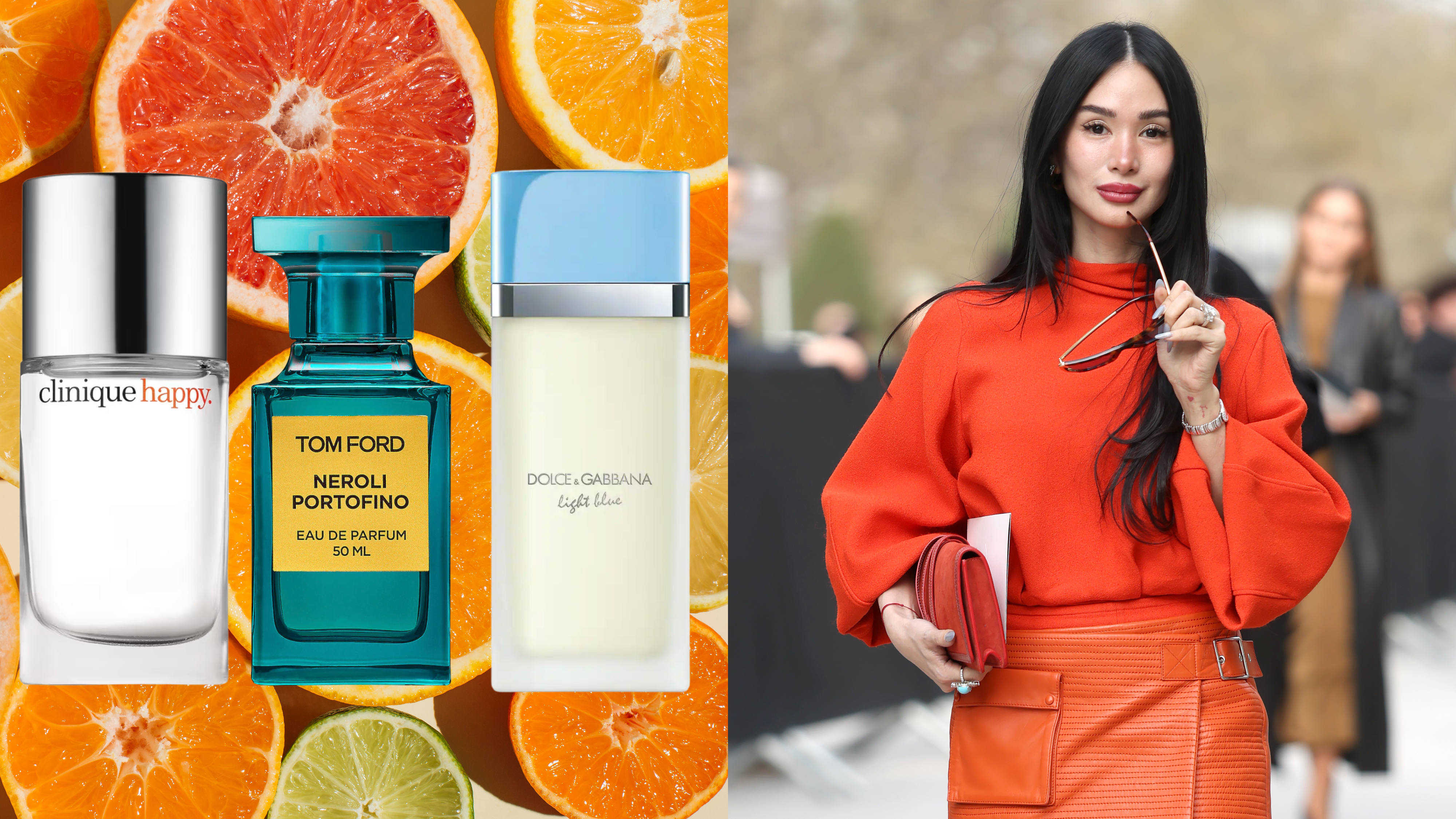 A woman wearing a monochromatic orange outfit next to three bottles of citrus perfumes in front of a background of oranges.