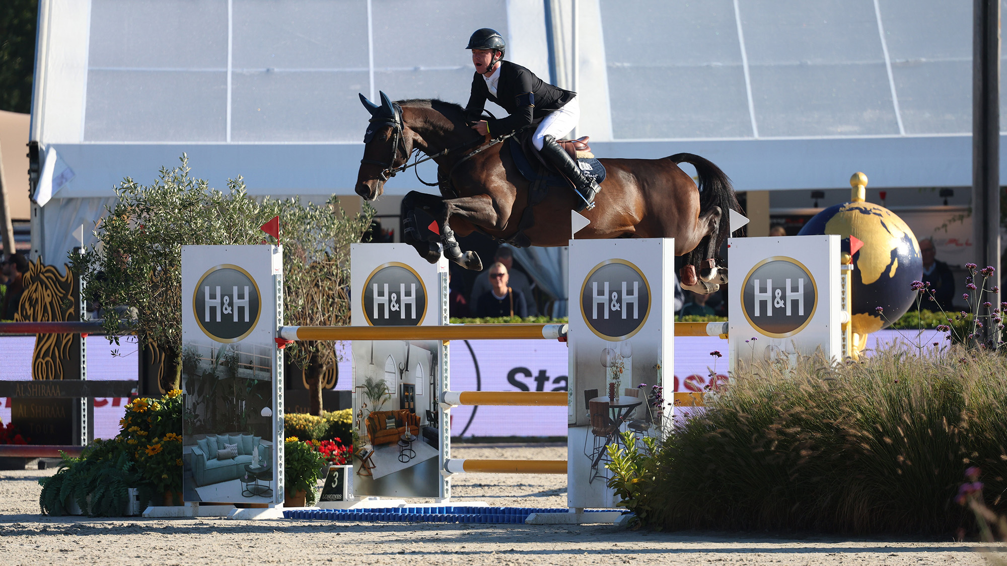 A horse clears a large oxer at the Lanaken World Breeding Championships for five-year-old horses