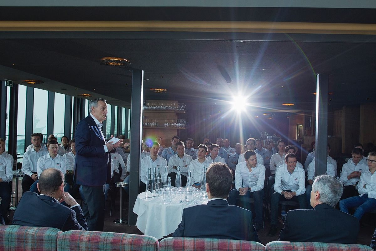 Michel Th&eacute;taz and the 2016 IAM Cycling team at the presentation