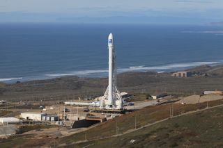 At Space Launch Complex 4 at Vandenberg Air Force Base in California, a SpaceX Falcon 9 rocket stands ready to boost the Jason-3 spacecraft into orbit for NOAA, the National Oceanic and Atmospheric Administration, and EUMETSAT, the European Organization f